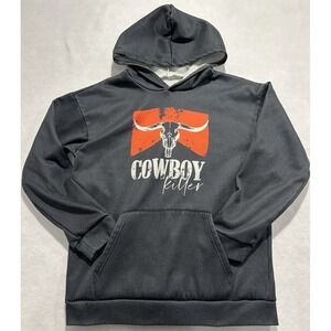 Womens Black Graphic Hoodie Cowboy Skull Print Long Sleeve Pullover Size M